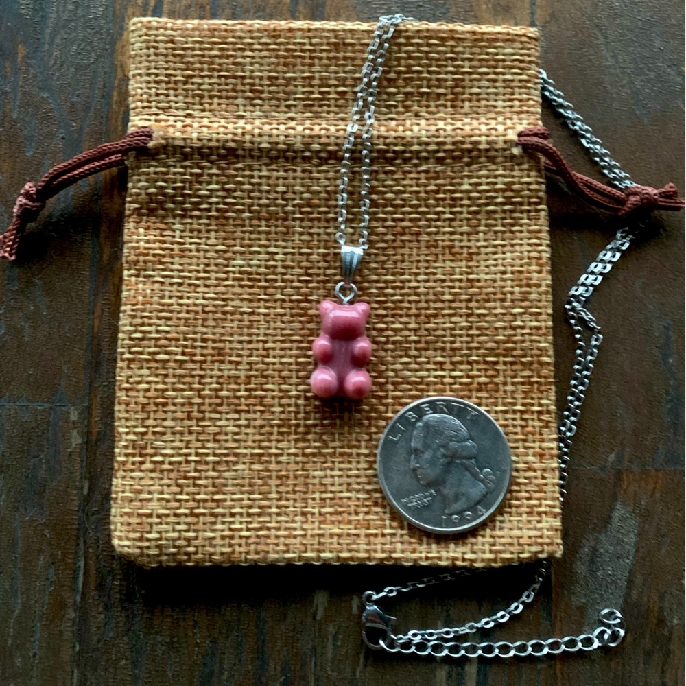 Rhodonite Gummy Bear Necklace Rhodonite Necklace Y2K Crystal Necklace - Picture 2 of 2
